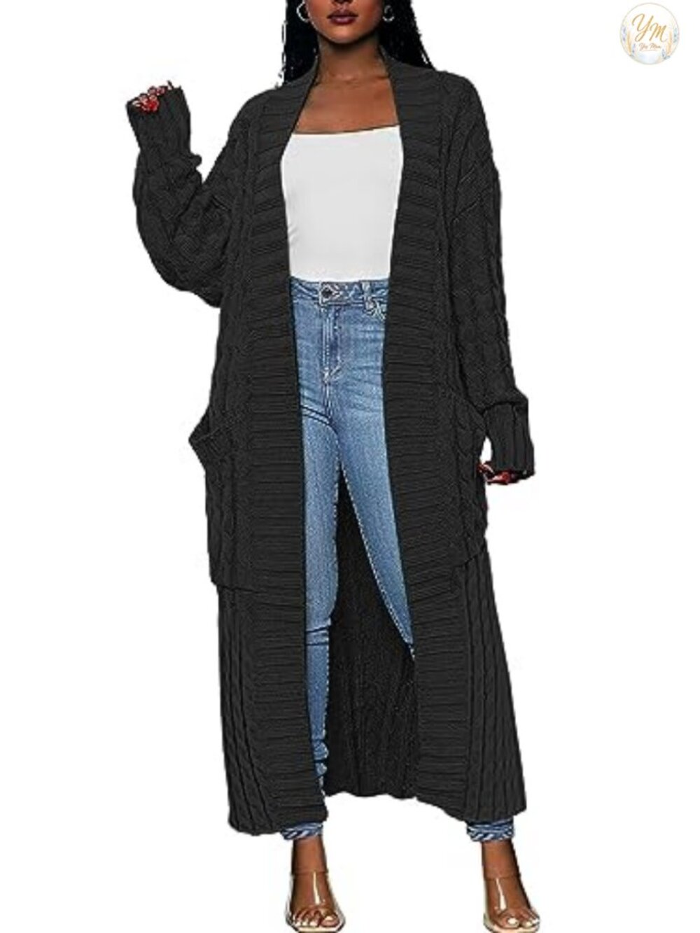 Long Open Front Cable Knit Cardigan Sweater Coat with Pockets